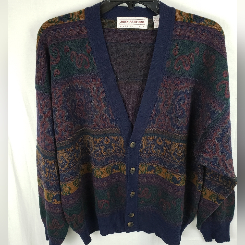 Vintage John Ashford Granddad Button Down Blue Wool Blend Cardigan Sweater Sz L - Picture 1 of 8